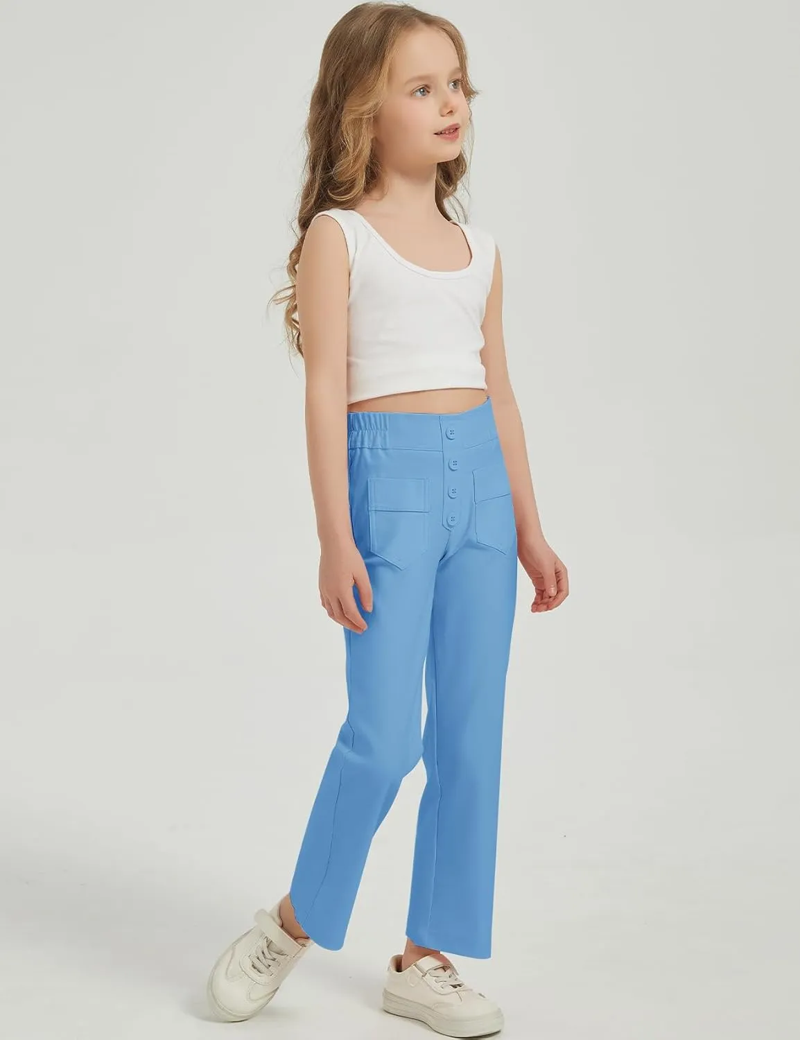 Flygo Girls Flare Yoga Pants Kids High Waisted Multiple Pockets Bell Bottoms Button Bootcut Stretchy Pants