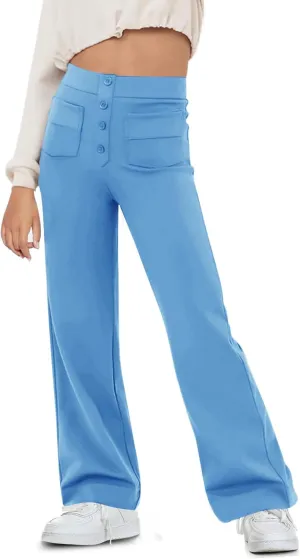 Flygo Girls Flare Yoga Pants Kids High Waisted Multiple Pockets Bell Bottoms Button Bootcut Stretchy Pants