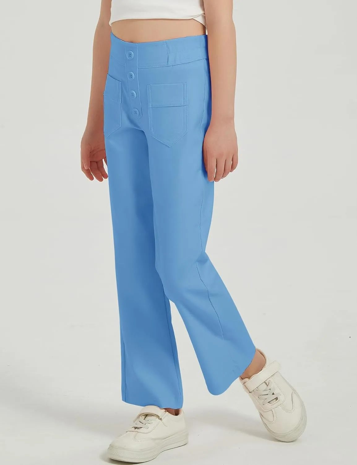 Flygo Girls Flare Yoga Pants Kids High Waisted Multiple Pockets Bell Bottoms Button Bootcut Stretchy Pants