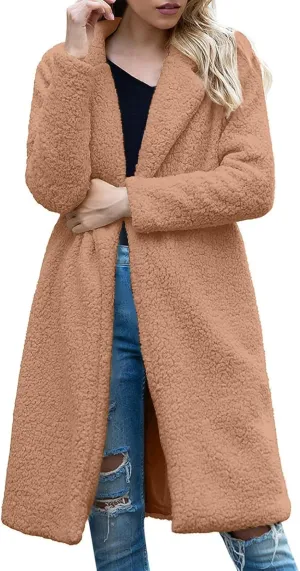 Fuzzy Fleece Jackets for Women Fashion Long Sleeve Lapel Button Long Coat Faux Fur Warm Winter Outwear Plus Size