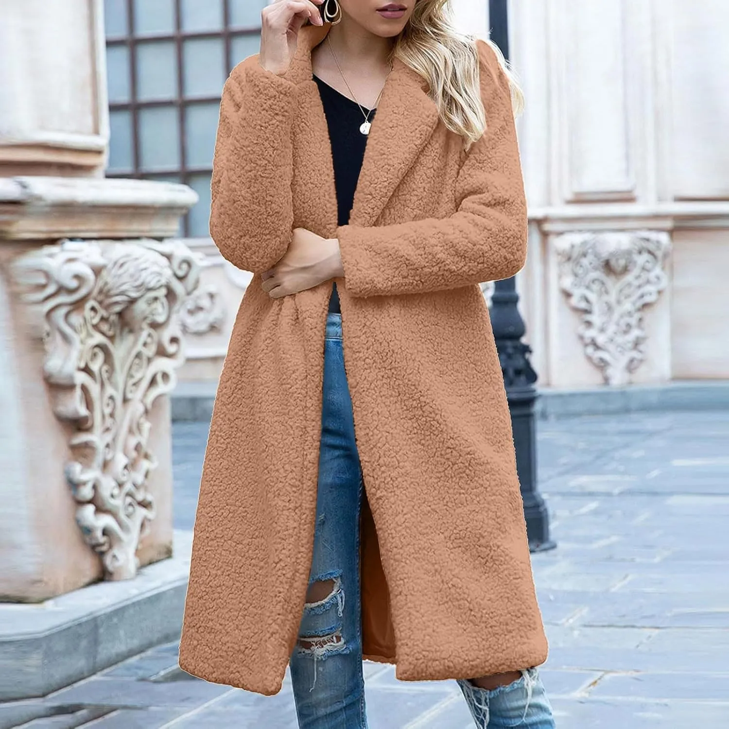 Fuzzy Fleece Jackets for Women Fashion Long Sleeve Lapel Button Long Coat Faux Fur Warm Winter Outwear Plus Size