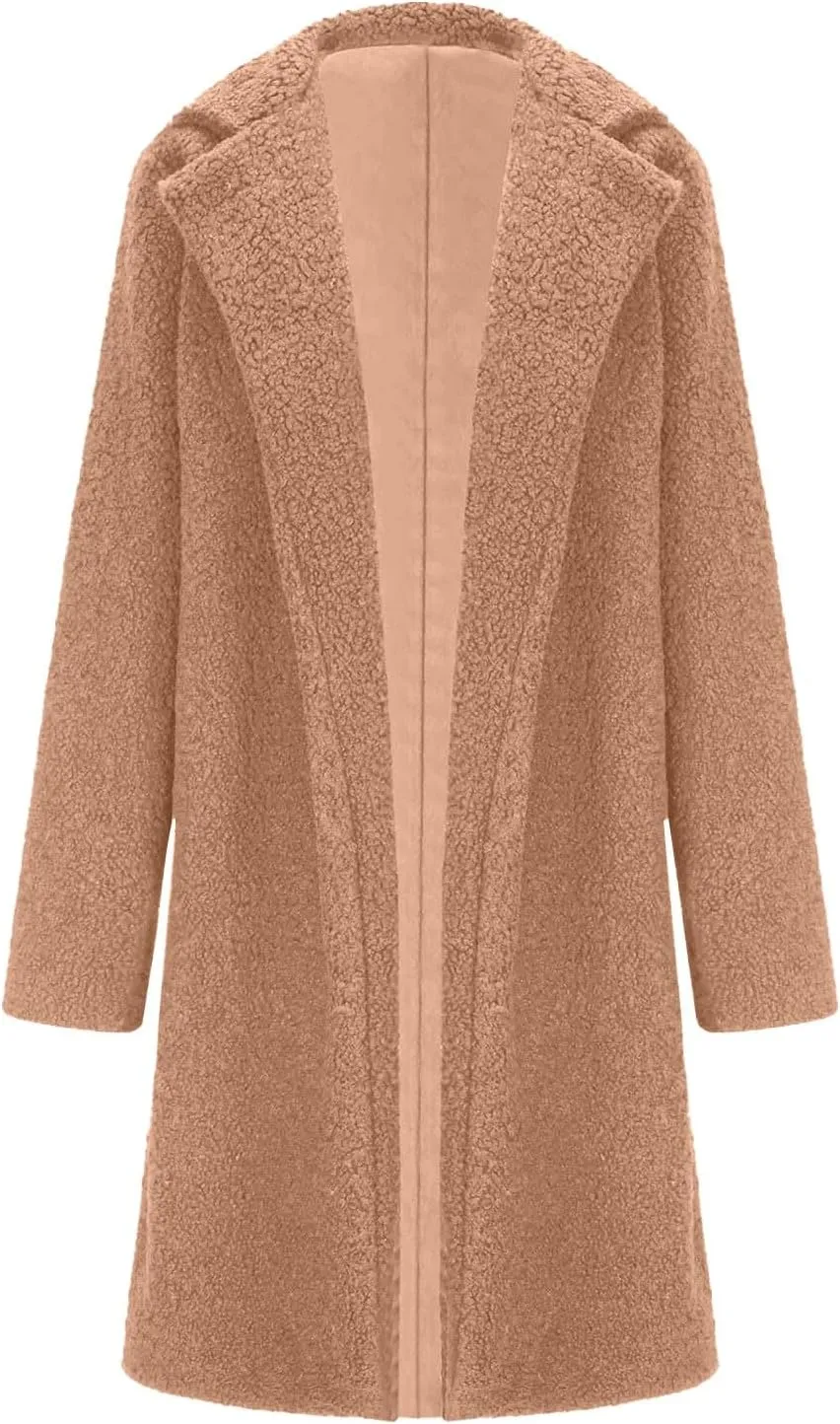 Fuzzy Fleece Jackets for Women Fashion Long Sleeve Lapel Button Long Coat Faux Fur Warm Winter Outwear Plus Size