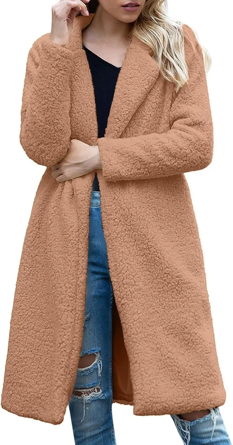 Fuzzy Fleece Jackets for Women Fashion Long Sleeve Lapel Button Long Coat Faux Fur Warm Winter Outwear Plus Size