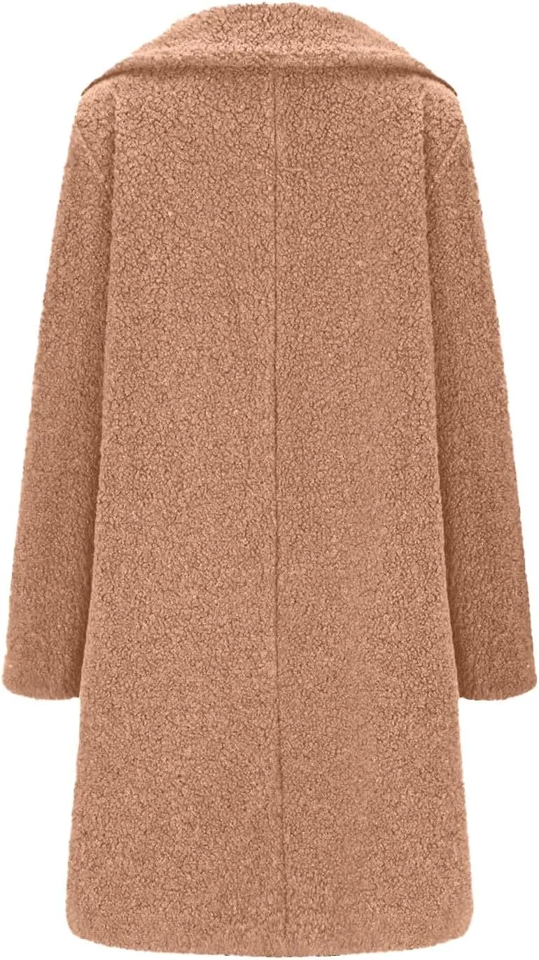 Fuzzy Fleece Jackets for Women Fashion Long Sleeve Lapel Button Long Coat Faux Fur Warm Winter Outwear Plus Size