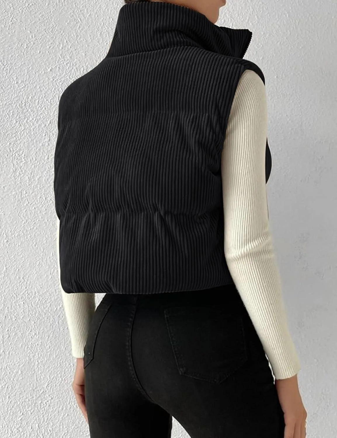 Gihuo Women's Corduroy Puffer Vest Cropped Stand Collar Zip Up Vest Quilted Sleeveless Jackets Gilet