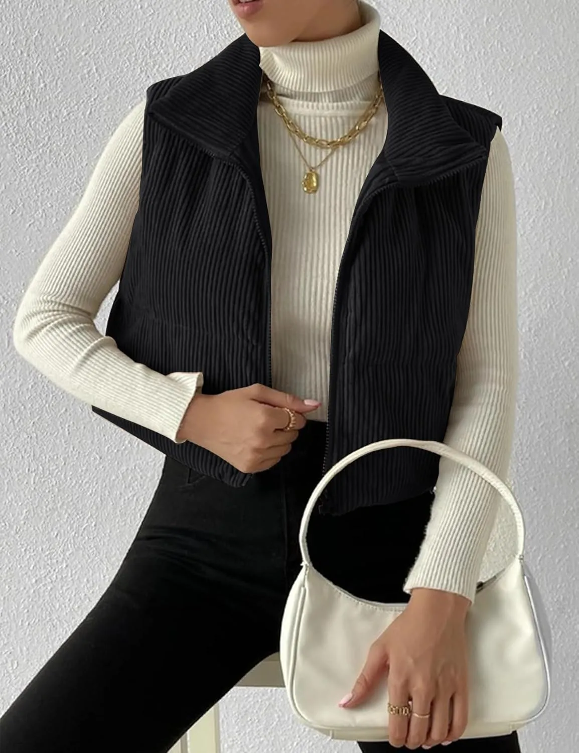 Gihuo Women's Corduroy Puffer Vest Cropped Stand Collar Zip Up Vest Quilted Sleeveless Jackets Gilet
