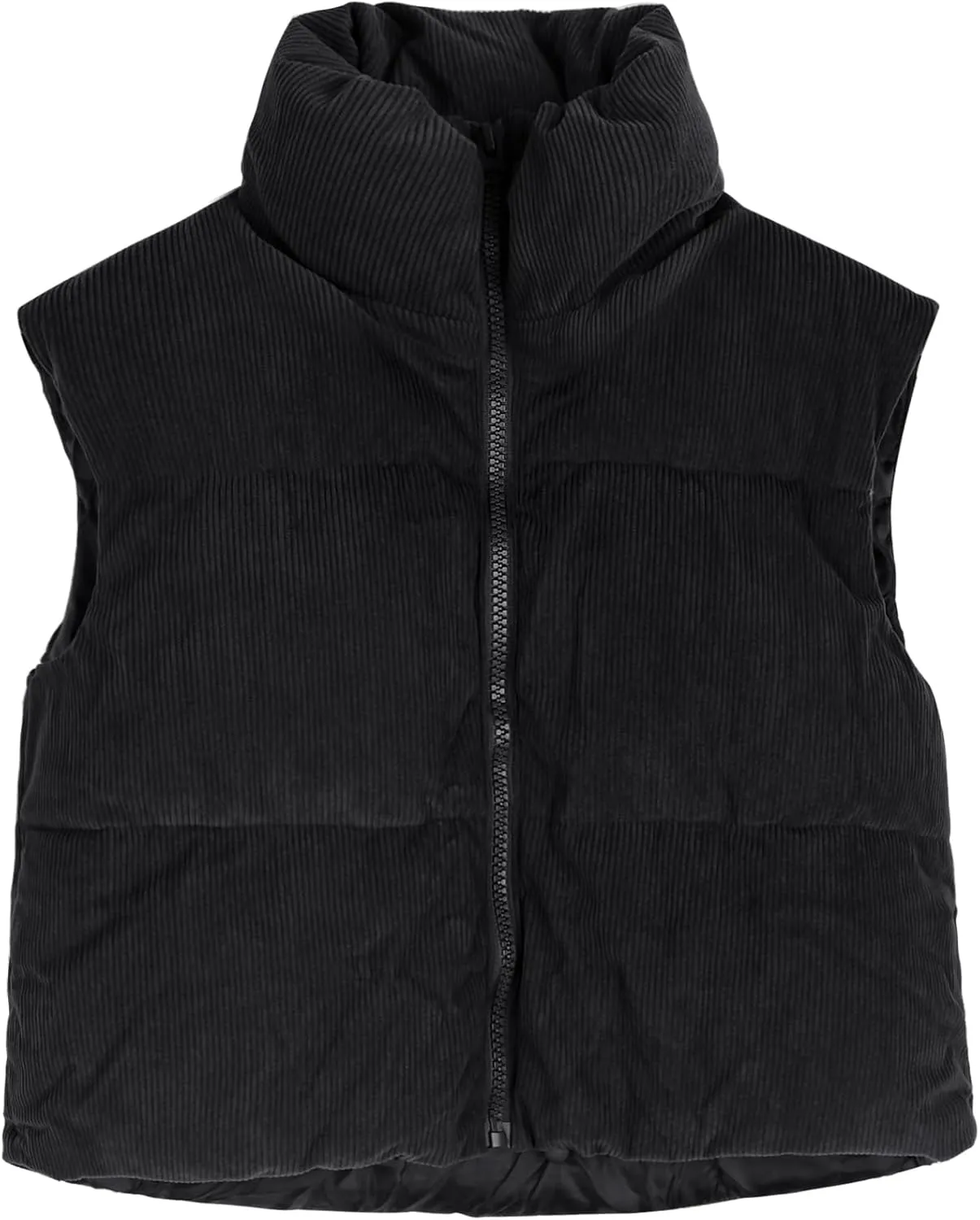 Gihuo Women's Corduroy Puffer Vest Cropped Stand Collar Zip Up Vest Quilted Sleeveless Jackets Gilet