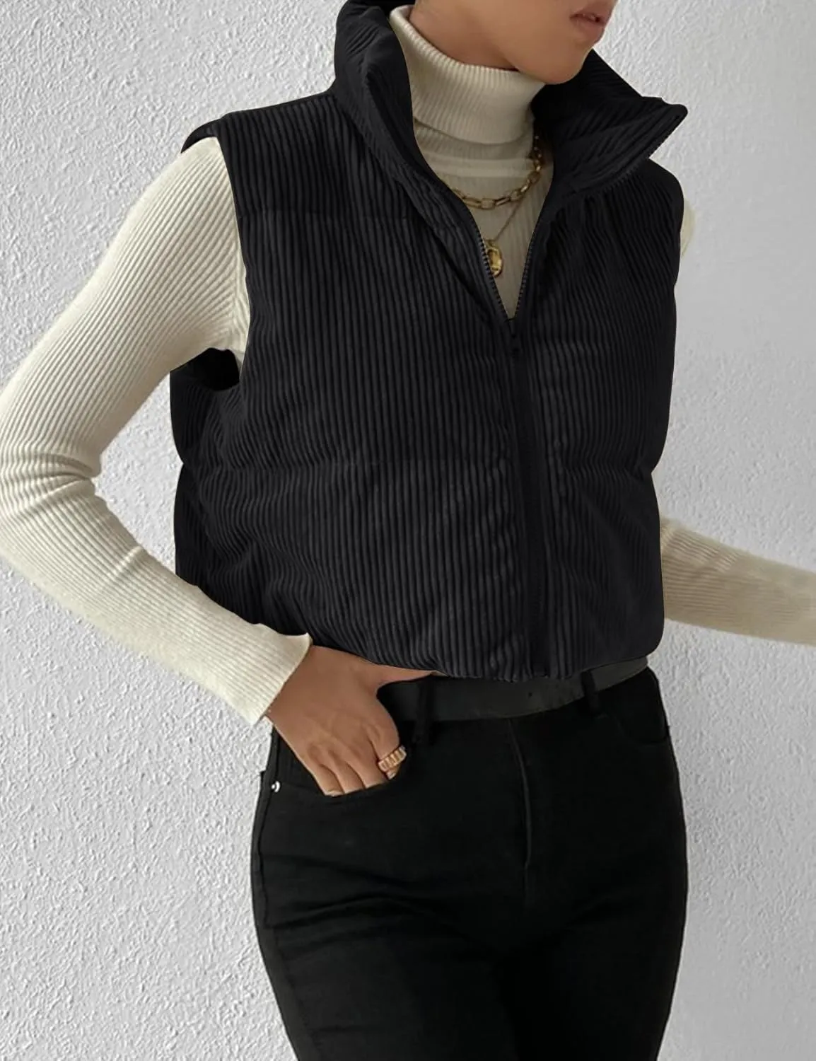Gihuo Women's Corduroy Puffer Vest Cropped Stand Collar Zip Up Vest Quilted Sleeveless Jackets Gilet
