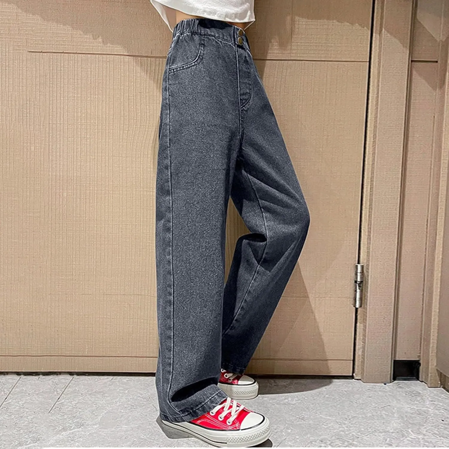Girls Jeans Wide Leg Baggy Preppy Pants Straight Leg Wide Leg Pants Lightweight Exercise Casual Vintage Workout Loose