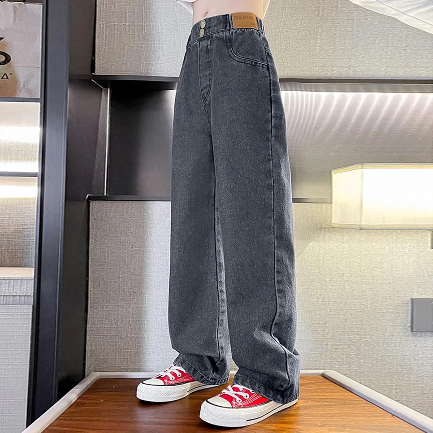 Girls Jeans Wide Leg Baggy Preppy Pants Straight Leg Wide Leg Pants Lightweight Exercise Casual Vintage Workout Loose