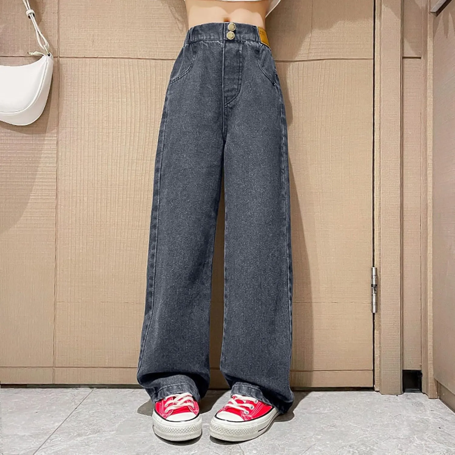 Girls Jeans Wide Leg Baggy Preppy Pants Straight Leg Wide Leg Pants Lightweight Exercise Casual Vintage Workout Loose