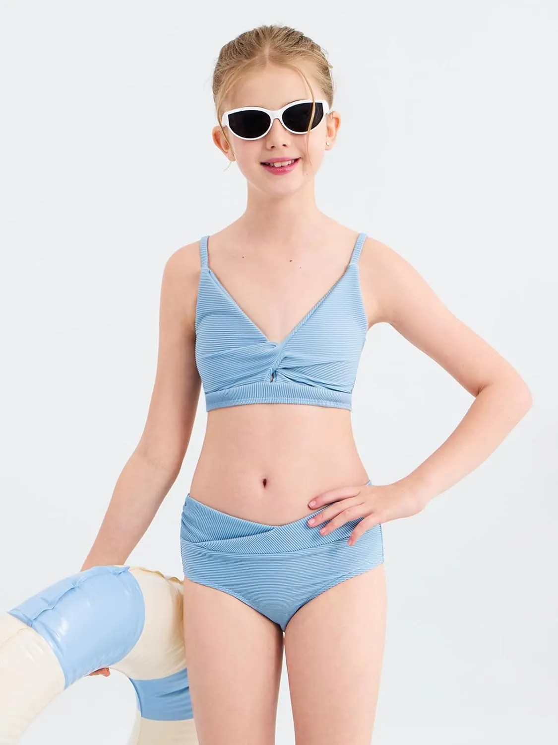 Girls' Swimsuits 2 Piece Bikini Set Solid Color Twist Cross Spaghetti Straps Bathing Suit Teen Swimwear with Chest Pad