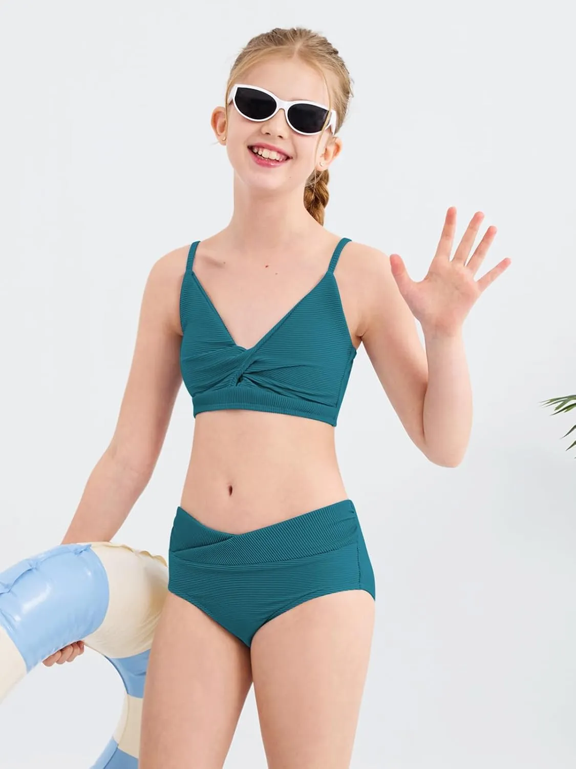Girls' Swimsuits 2 Piece Bikini Set Solid Color Twist Cross Spaghetti Straps Bathing Suit Teen Swimwear with Chest Pad