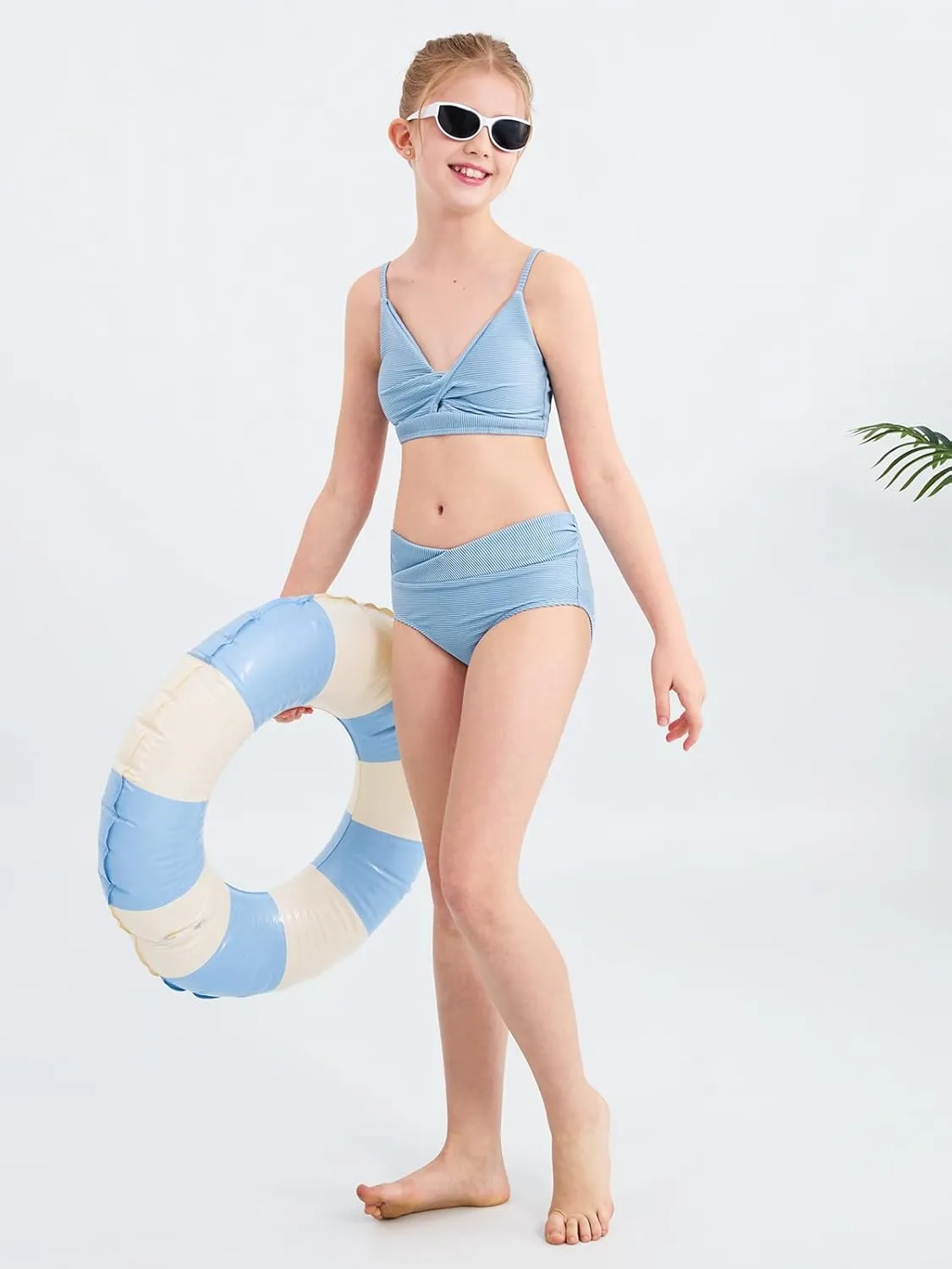 Girls' Swimsuits 2 Piece Bikini Set Solid Color Twist Cross Spaghetti Straps Bathing Suit Teen Swimwear with Chest Pad
