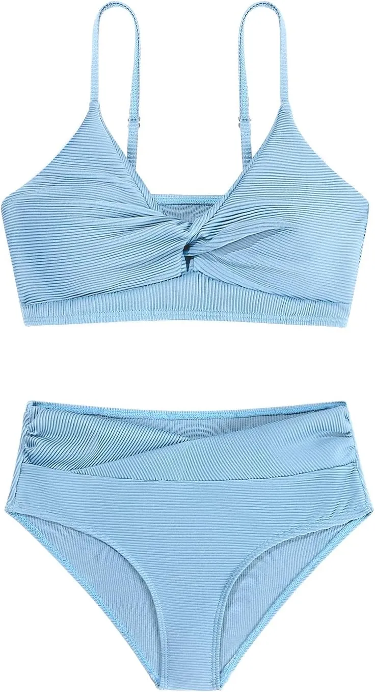 Girls' Swimsuits 2 Piece Bikini Set Solid Color Twist Cross Spaghetti Straps Bathing Suit Teen Swimwear with Chest Pad