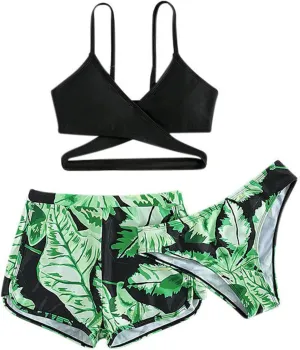 Girls Swimsuits 3 Piece Bathing Suit Kids Quick Dry Bikini Set with High Waist Sporty Shorts Beach Swimwear for Teen