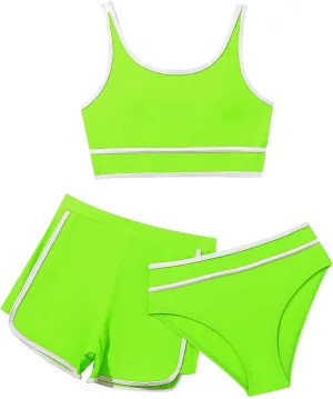 Girls Swimsuits 3 Piece Bathing Suit Kids Quick Dry Bikini Set with High Waist Sporty Shorts Beach Swimwear for Teen