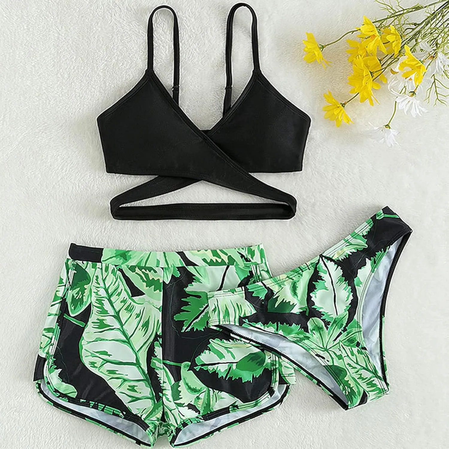 Girls Swimsuits 3 Piece Bathing Suit Kids Quick Dry Bikini Set with High Waist Sporty Shorts Beach Swimwear for Teen
