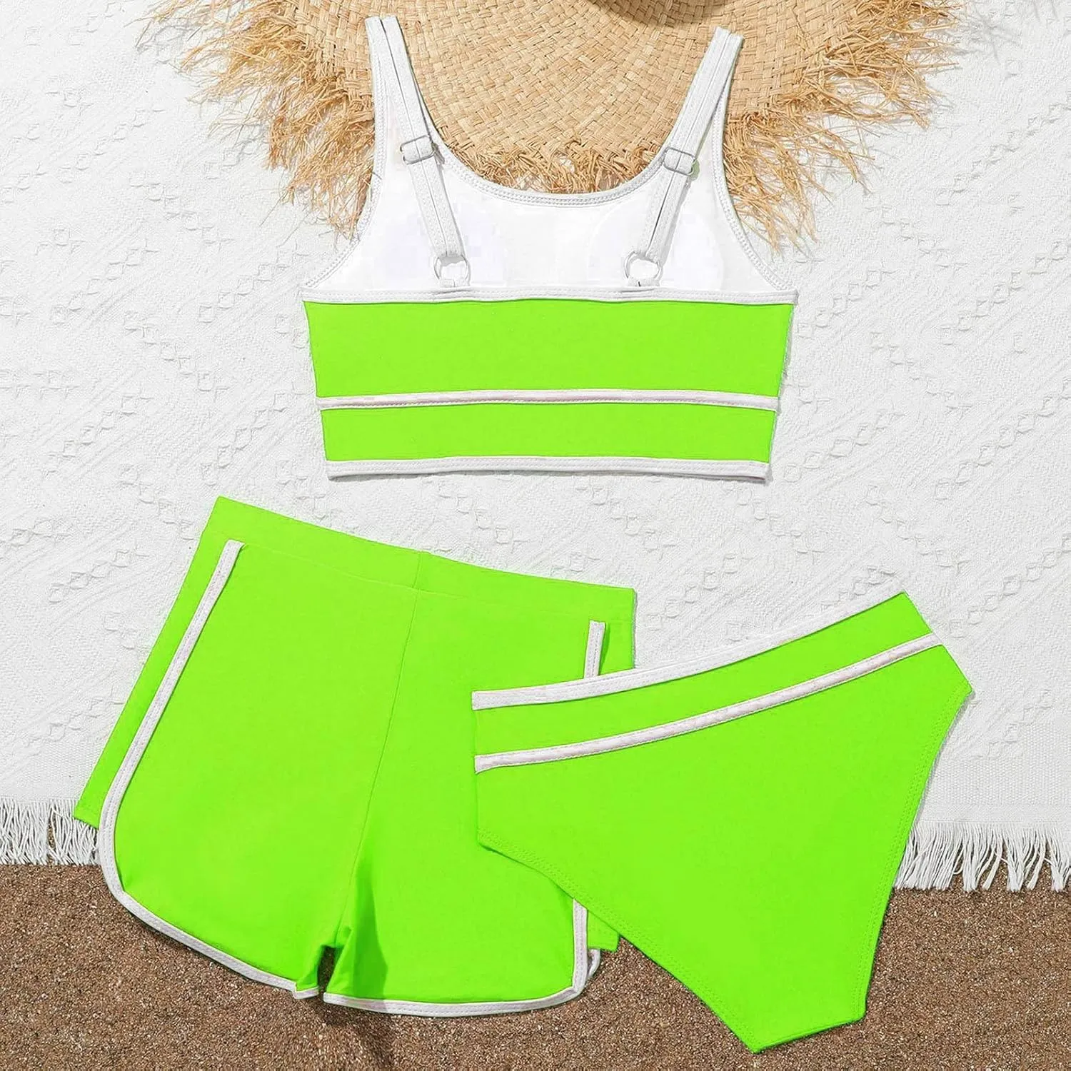 Girls Swimsuits 3 Piece Bathing Suit Kids Quick Dry Bikini Set with High Waist Sporty Shorts Beach Swimwear for Teen