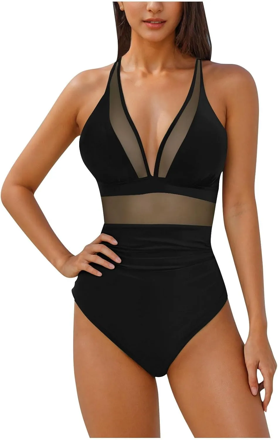 HGps8w Halter Deep V Neck One Piece Swimsuit for Women Tummy Control Sexy Mesh Patchwork Backless Bathing Suit