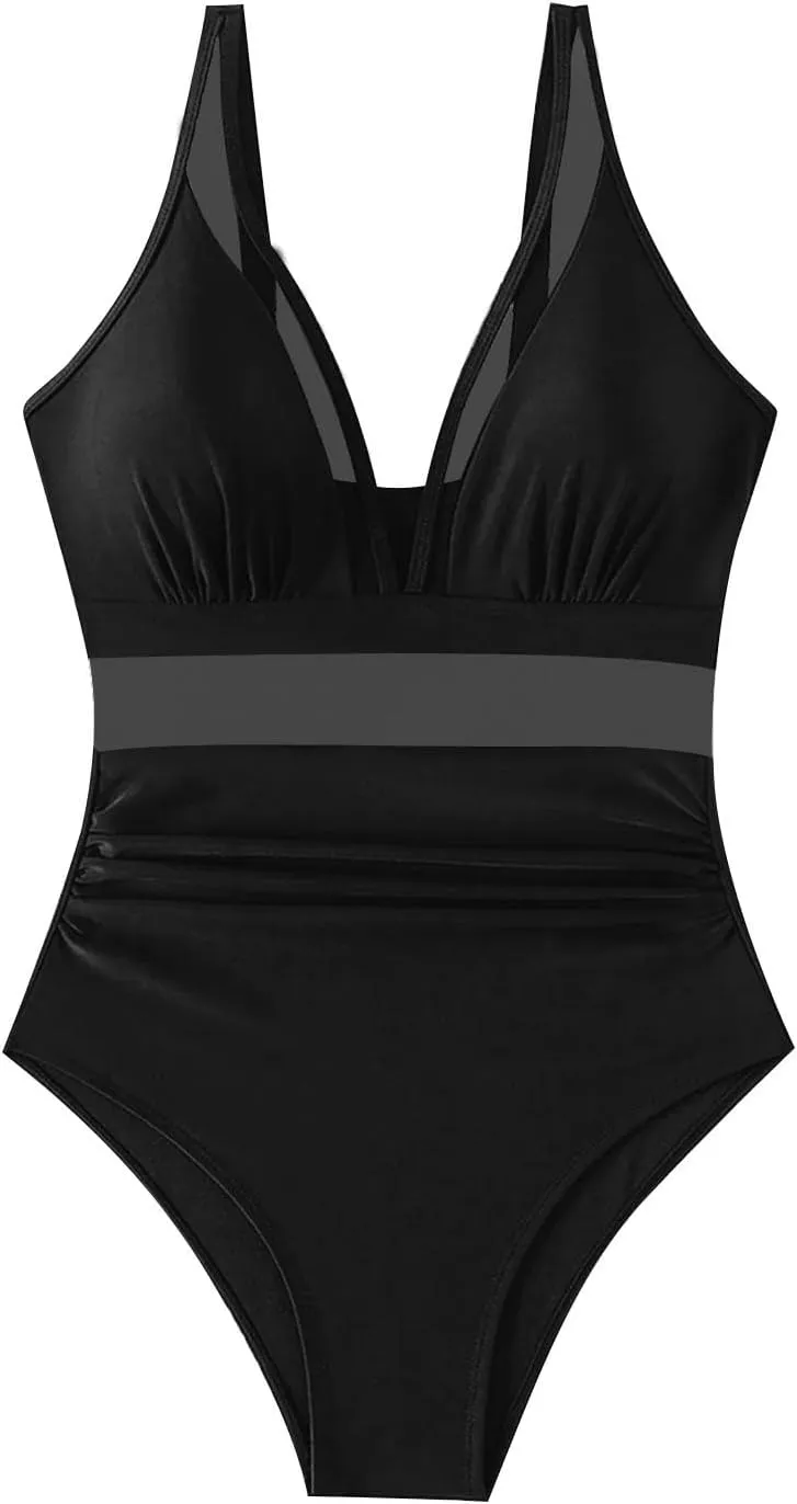 HGps8w Halter Deep V Neck One Piece Swimsuit for Women Tummy Control Sexy Mesh Patchwork Backless Bathing Suit