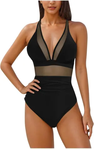 HGps8w Halter Deep V Neck One Piece Swimsuit for Women Tummy Control Sexy Mesh Patchwork Backless Bathing Suit