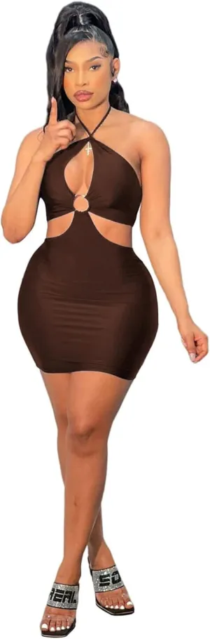 HLSIN Women's Crisscross Cut Out Halter Lace Up Backless Mini Bodycon Dress Clubwear
