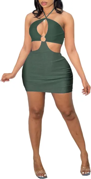 HLSIN Women's Crisscross Cut Out Halter Lace Up Backless Mini Bodycon Dress Clubwear