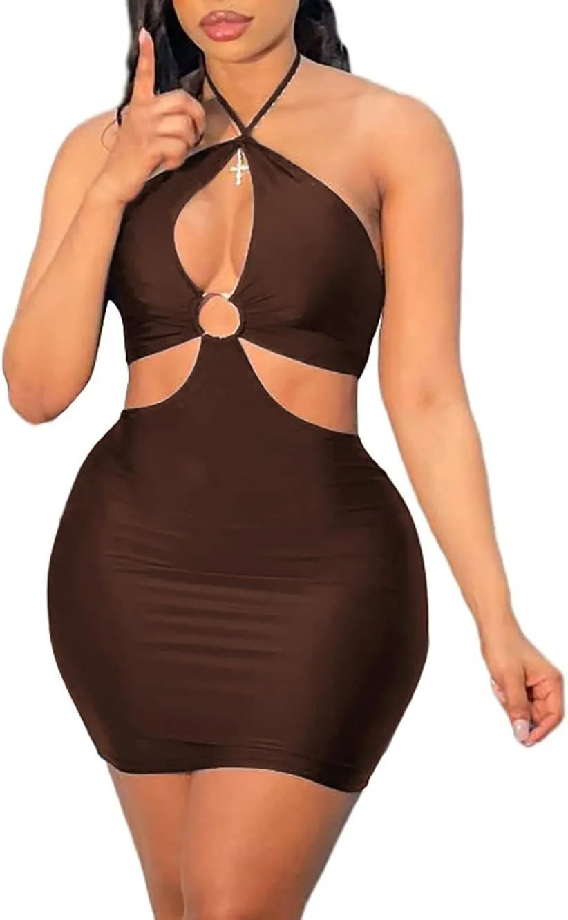 HLSIN Women's Crisscross Cut Out Halter Lace Up Backless Mini Bodycon Dress Clubwear