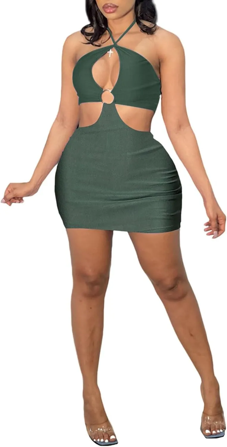 HLSIN Women's Crisscross Cut Out Halter Lace Up Backless Mini Bodycon Dress Clubwear