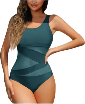 hlysgo Swimsuit for Women One Piece Bathing Suit Mesh Patchwork Adjustable Straps Monokini Tummy Control Modest Swimwear