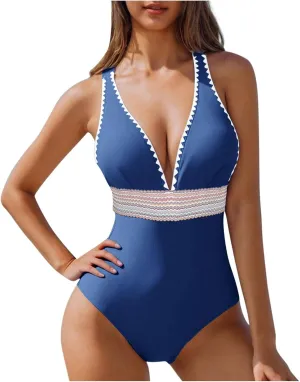 hlysgo Women Swimsuits One Piece Tummy Control Slimming Bathing Suits Color Block Modest Swim Suit Athletic V Neck Swimwear