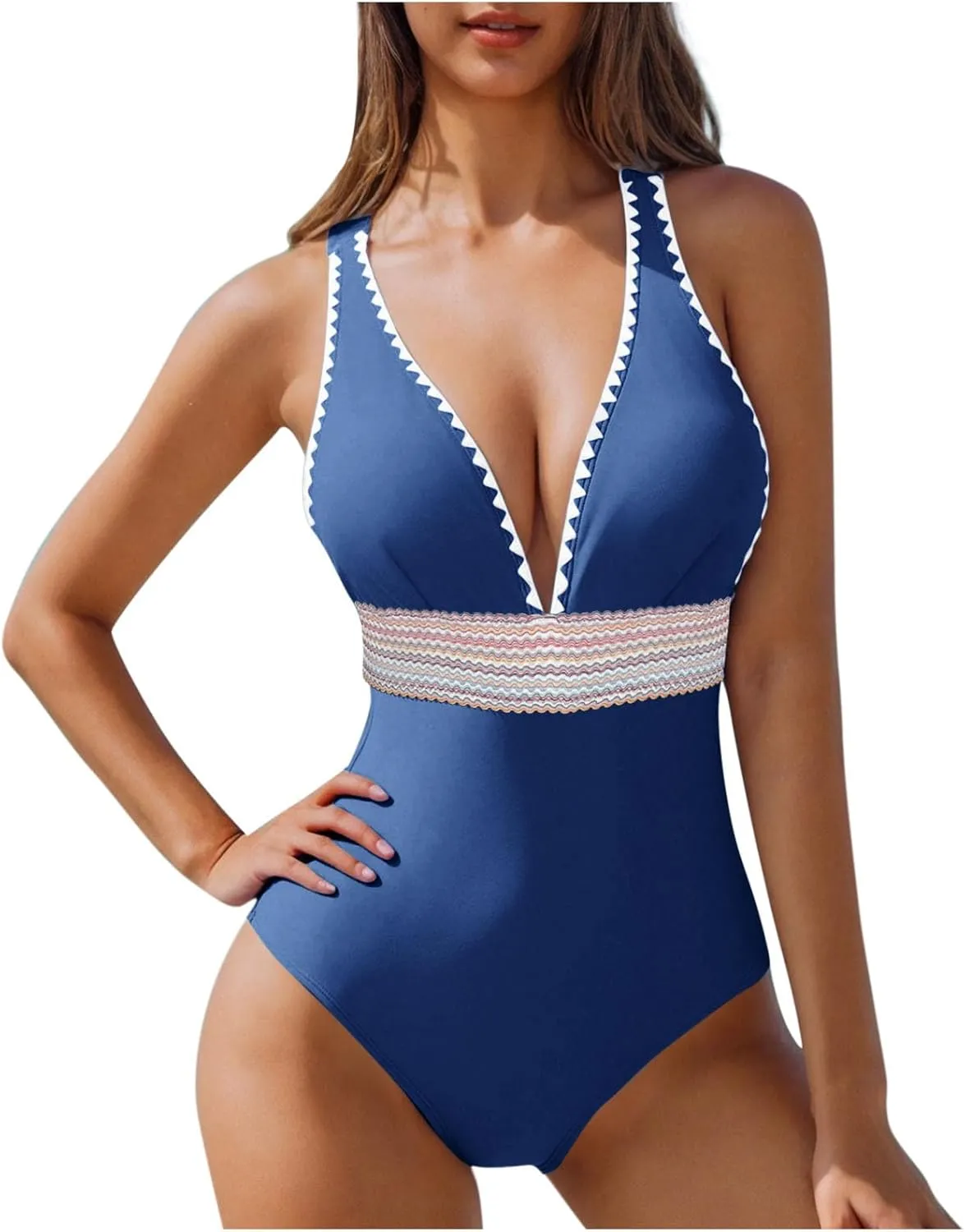hlysgo Women Swimsuits One Piece Tummy Control Slimming Bathing Suits Color Block Modest Swim Suit Athletic V Neck Swimwear