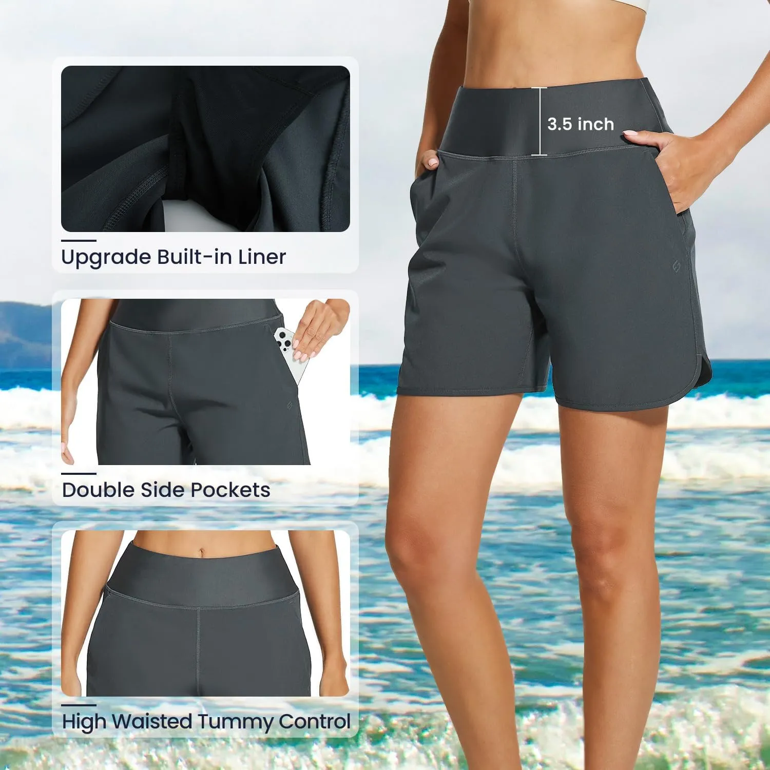 HODOSPORTS Women's 5'' High Waisted Swim Board Shorts with Pockets Liner Quick Dry Swimsuit Bottoms Trunks
