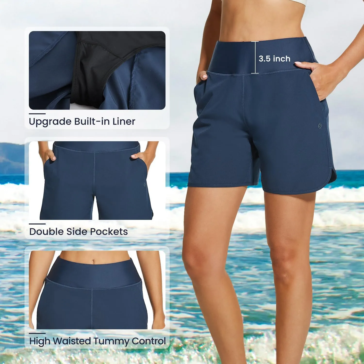 HODOSPORTS Women's 5'' High Waisted Swim Board Shorts with Pockets Liner Quick Dry Swimsuit Bottoms Trunks
