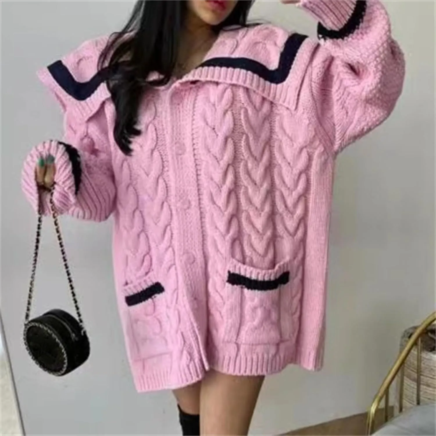 HOULENGS Women's 2024 Long Sleeve Chunky Knitted Outwear Coats Button Down Lapel Cardigan Sweater with Pockets
