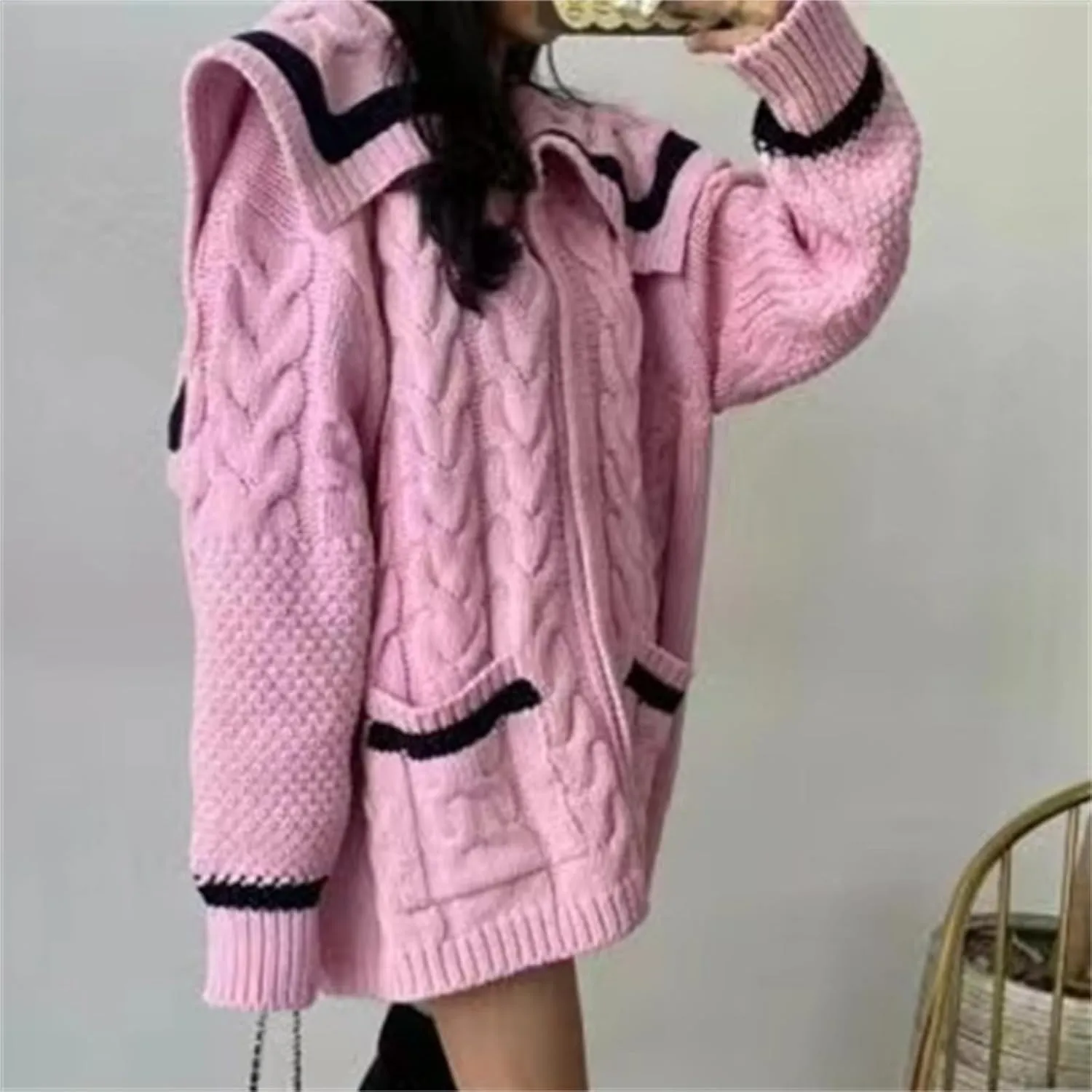 HOULENGS Women's 2024 Long Sleeve Chunky Knitted Outwear Coats Button Down Lapel Cardigan Sweater with Pockets