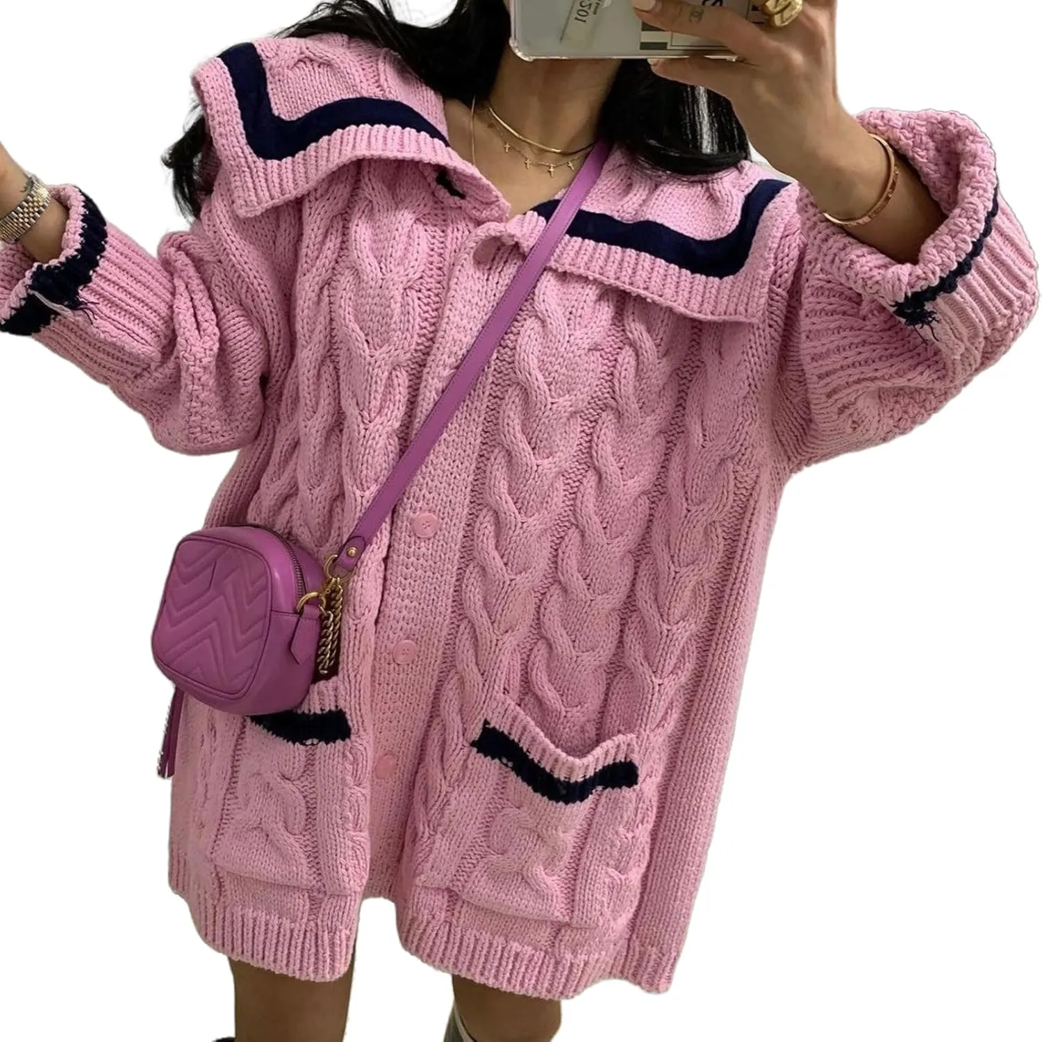 HOULENGS Women's 2024 Long Sleeve Chunky Knitted Outwear Coats Button Down Lapel Cardigan Sweater with Pockets