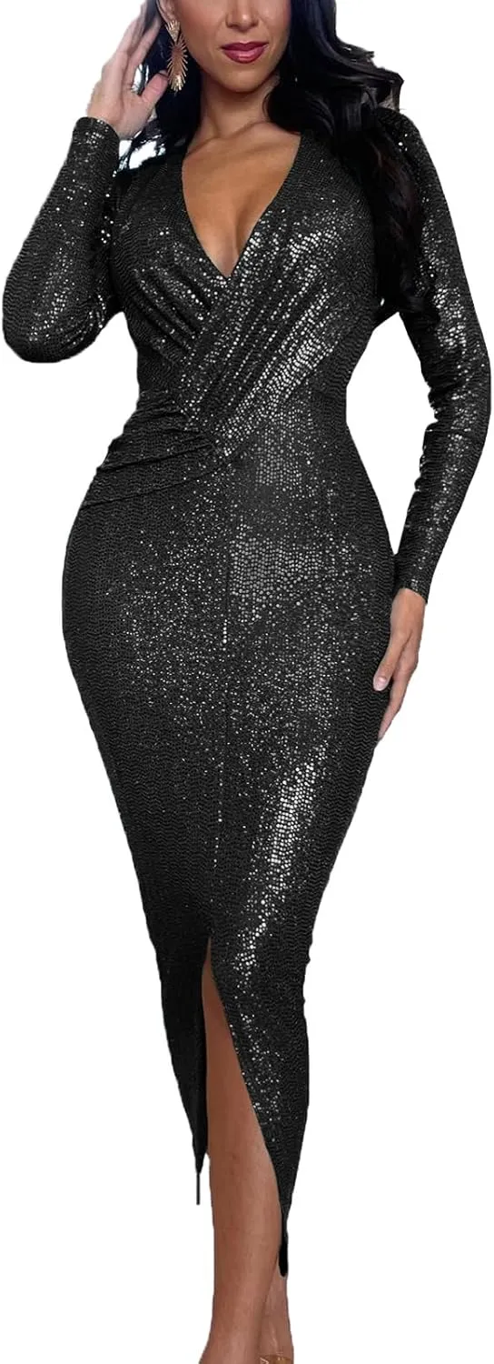 HugeNice Women's Glitter Sequin Dress Long Sleeve Cocktail Party Sparkly Midi Dresses Clubwear