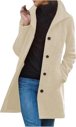 Hvyesh Womens Wool Trench Pea Coats 2024 Winter Jackets Trendy Notch Lapel Double Breasted Mid Long Warm Jacket Overcoat
