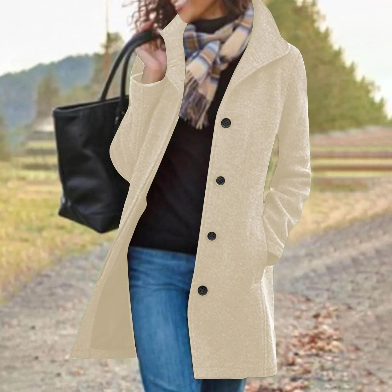 Hvyesh Womens Wool Trench Pea Coats 2024 Winter Jackets Trendy Notch Lapel Double Breasted Mid Long Warm Jacket Overcoat