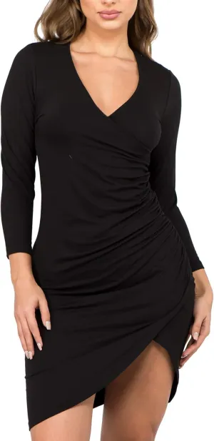 ICONOFLASH Women's Faux Wrap Ruched Bodycon Mini Dresses V-Neck Short Sleeve Tulip Dress