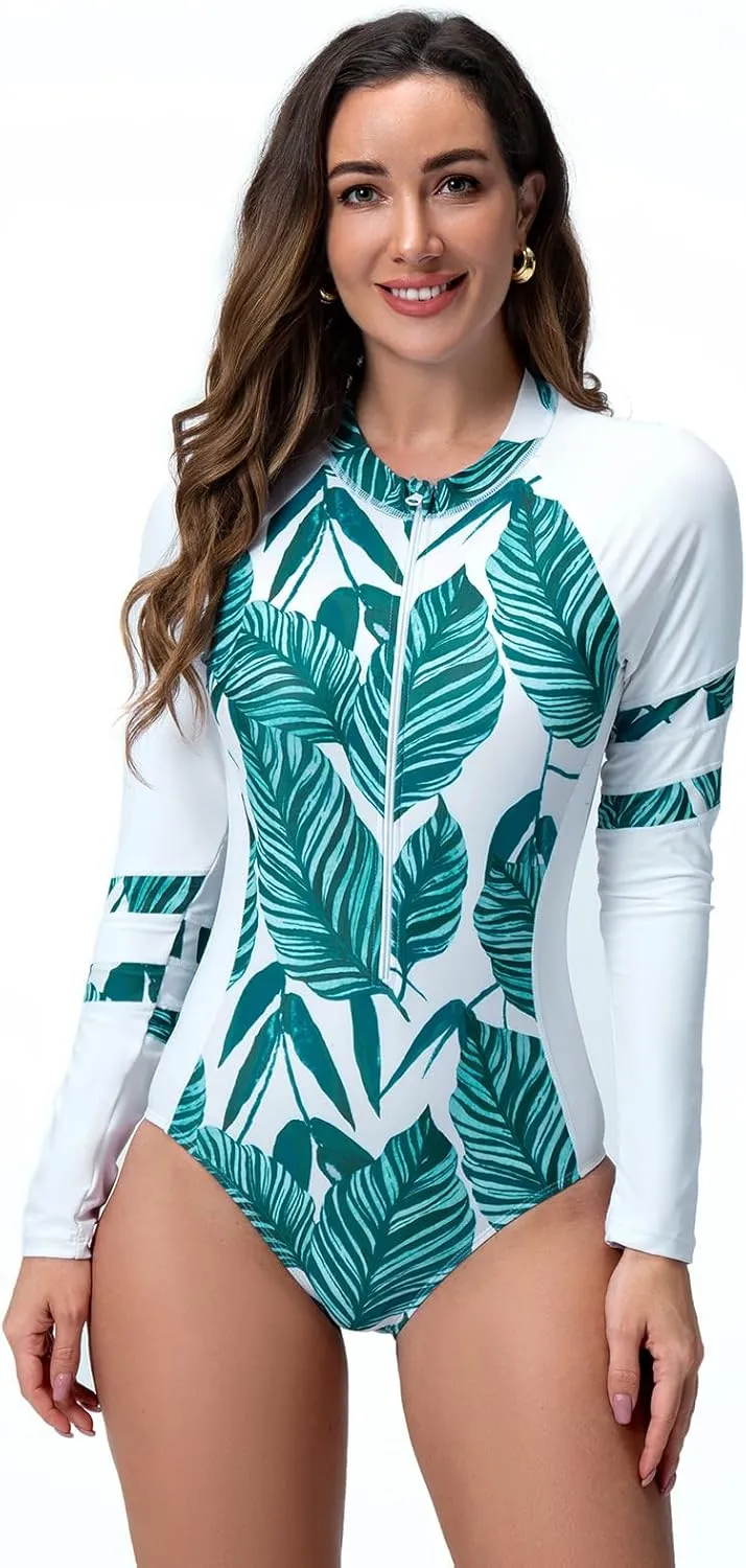 IDOPIP Rash Guard for Women Long Sleeve UV Sun Protection Rash Guard Shirt One Piece Swimsuit Zip Surfing Bathing Suit UPF 50