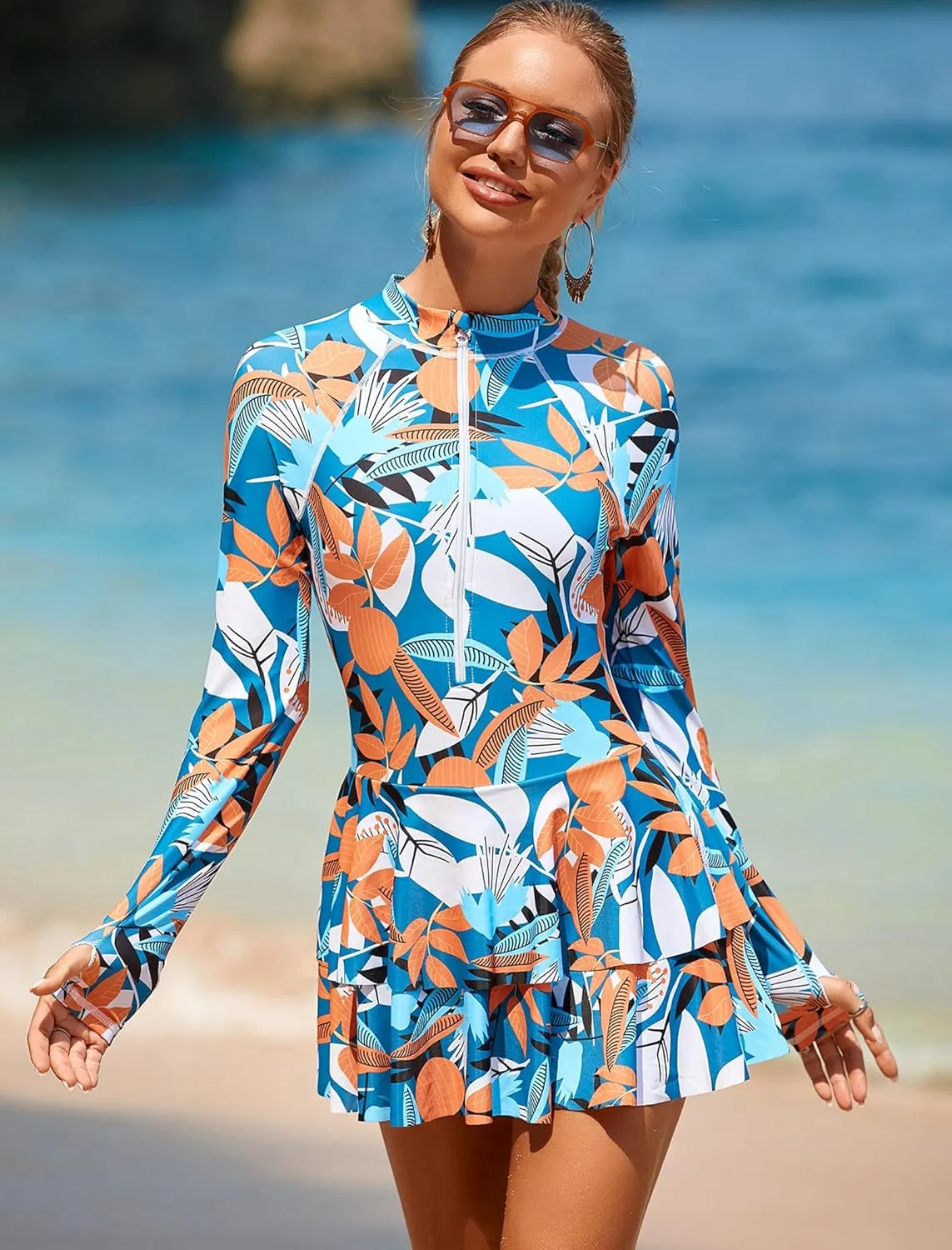 IDOPIP Women Rash Guard One Piece Swimsuit Bathing Suit Printed Long Sleeve Swimsuits Dress UV UPF 50  Swim Shirt with Shorts
