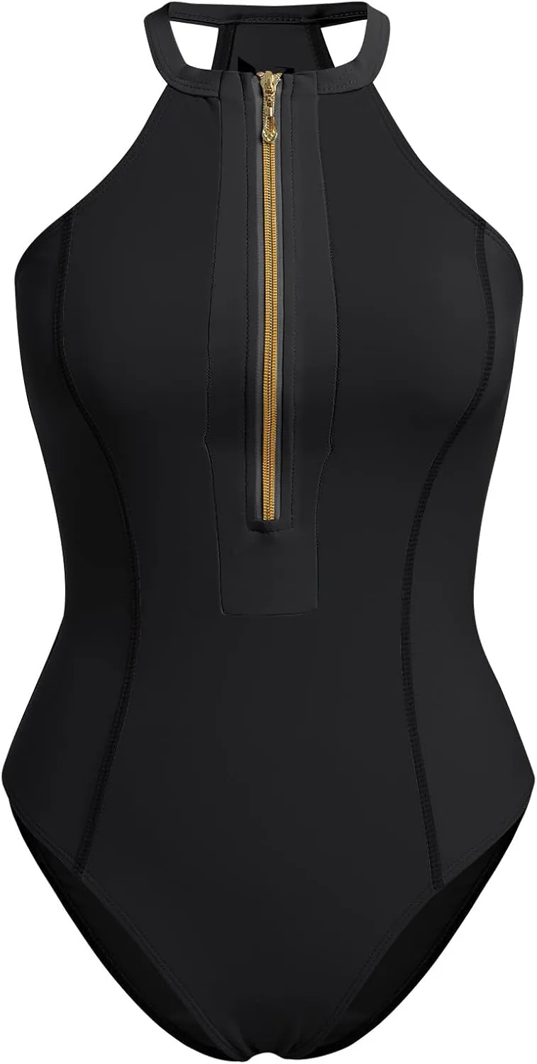 IDOPIP Womens One Piece Swimsuit Bathing Suit Tummy Control Color Block Swimwear Halter Front Zipper Monokini Beachwear Suits