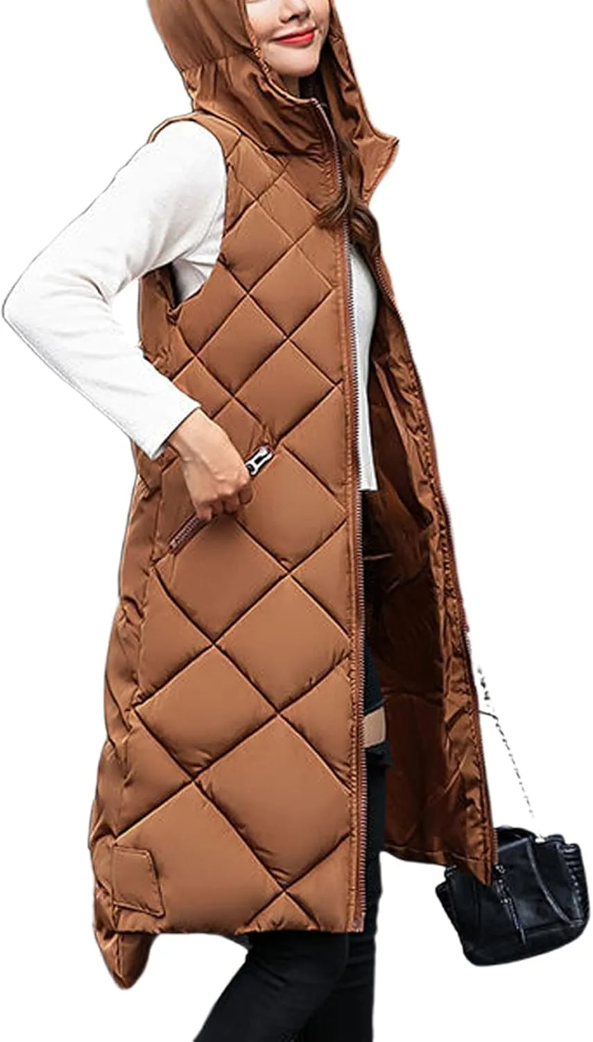IMISSILLEB Women's Long Puffer Vest Hooded Coats Thick Sleeveless Full-Zip Jacket Fall Winter Coat Outerwear with Pockets