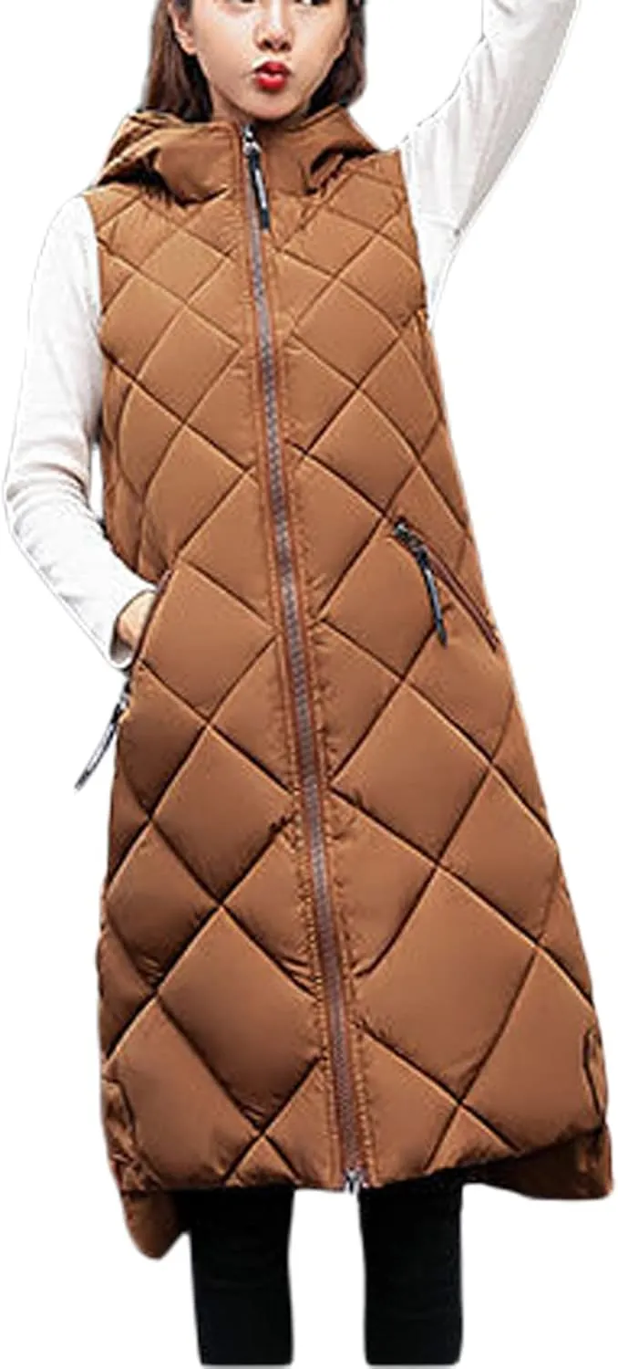 IMISSILLEB Women's Long Puffer Vest Hooded Coats Thick Sleeveless Full-Zip Jacket Fall Winter Coat Outerwear with Pockets