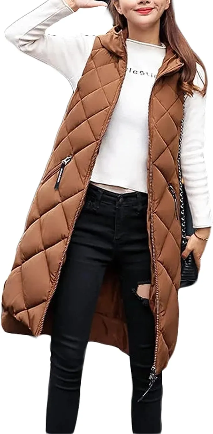 IMISSILLEB Women's Long Puffer Vest Hooded Coats Thick Sleeveless Full-Zip Jacket Fall Winter Coat Outerwear with Pockets