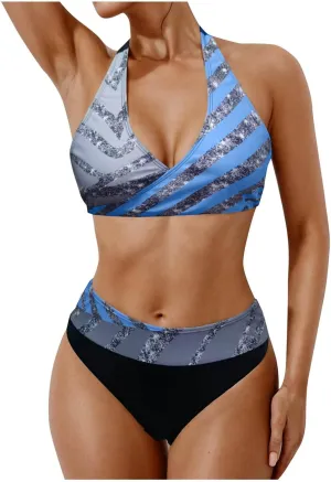 jsaierl Women Bikini Sets Sexy Triangle Bathing Suit Fashion Colourful Striped Print 2 Piece Swimwear Tummy Control Swimsuits