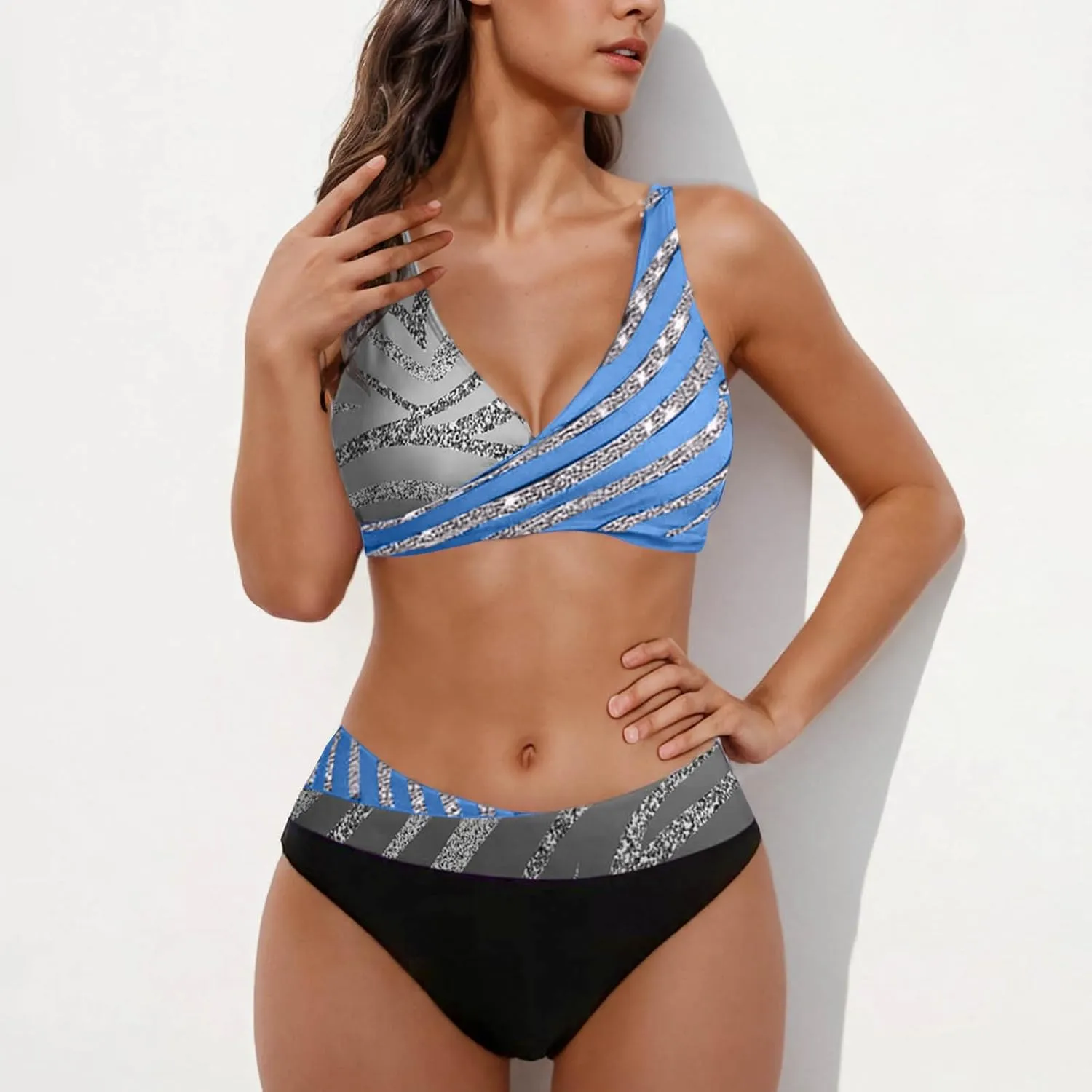 jsaierl Women Bikini Sets Sexy Triangle Bathing Suit Fashion Colourful Striped Print 2 Piece Swimwear Tummy Control Swimsuits